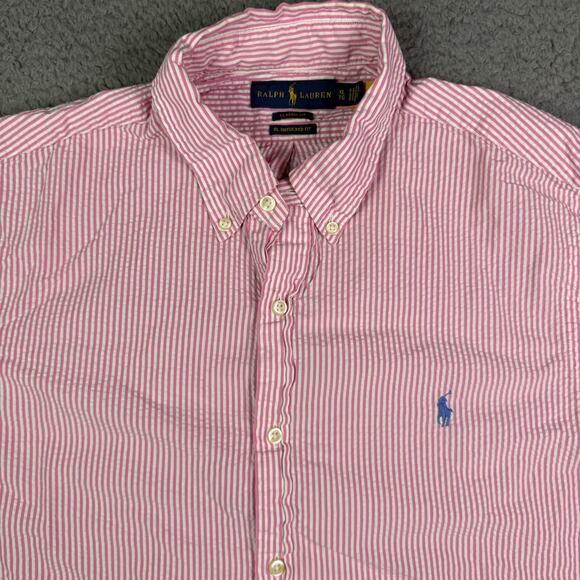 Ralph Lauren Shirt Mens XL Pink Striped Seersucker Button Down Short Sleeve - Picture 1 of 12